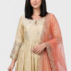 Women's Cream Keyhole Neck Embroidered Anarkali Ethnic Set, ऑफ व्हाइट, small