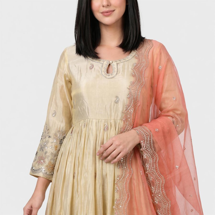 Women's Cream Keyhole Neck Embroidered Anarkali Ethnic Set, ऑफ व्हाइट, large