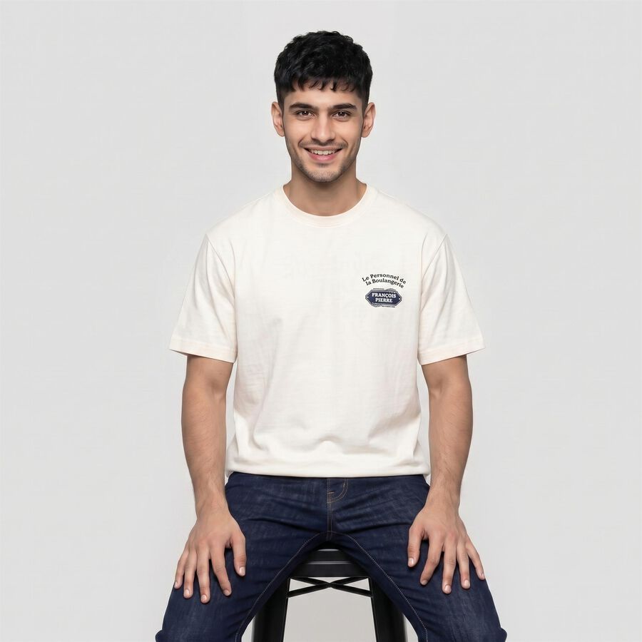 Men's Off White Cotton Round Neck Regular T-Shirt, ऑफ व्हाइट, large