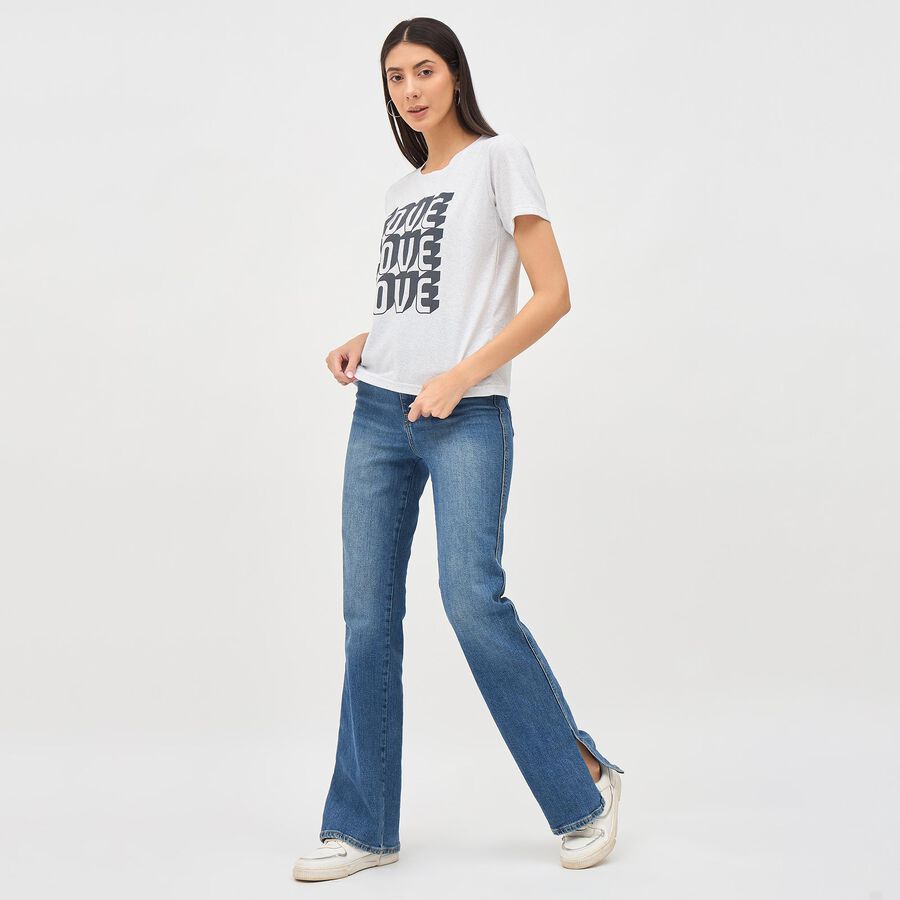 Women's White Round Neck Graphic Print T-Shirt, Ecru Melange, large image number null