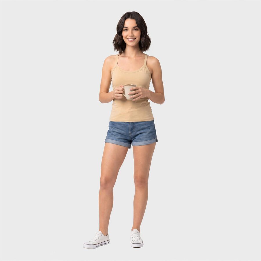 Women's Beige Cotton Scoop Neck Camisole Slip, Beige, large
