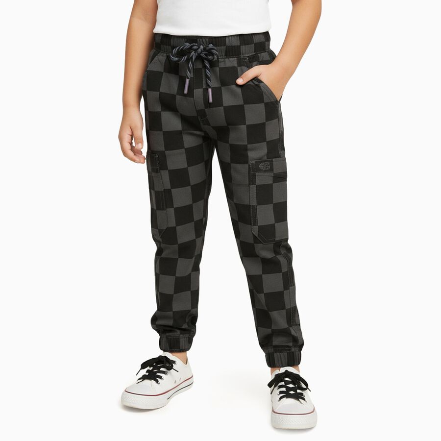 Boys' Black and Grey Checkered Jogger Trousers, काला, large image number null