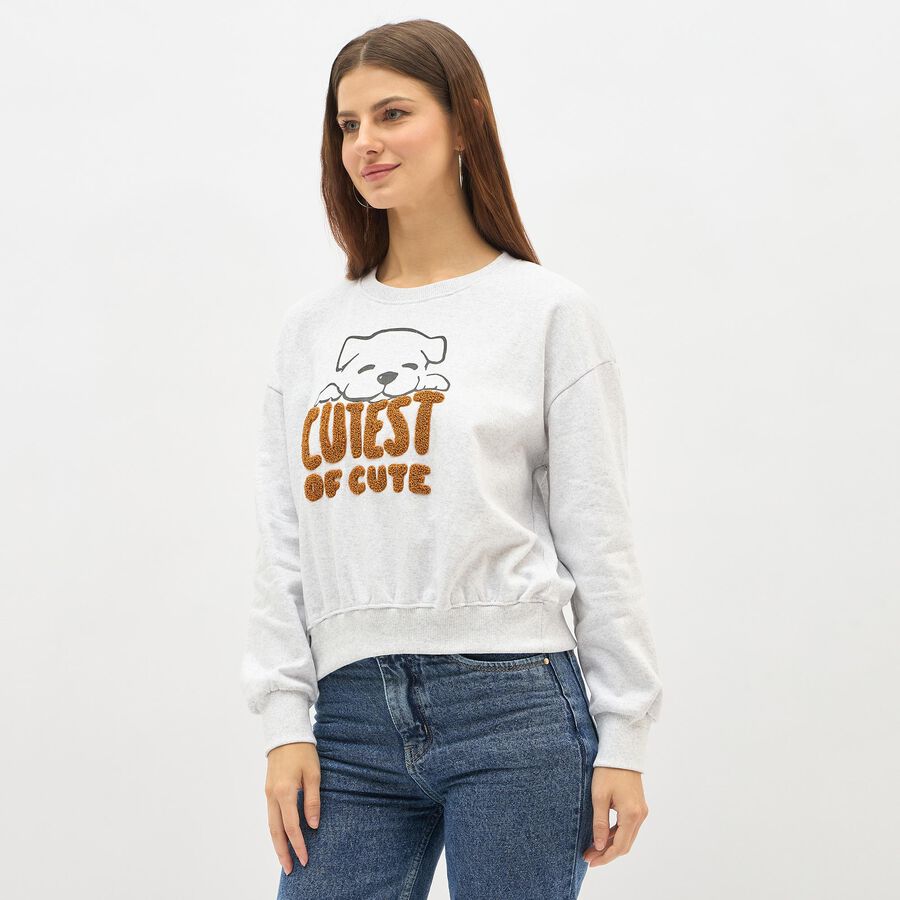 Women's Light Grey Crew Neck Casual Sweatshirt, Melange Light Grey, large image number null