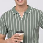 Men's Green Polo Neck Striped T-Shirt, Light Green, small
