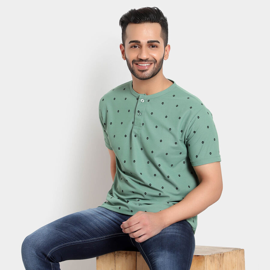 Printed Henley T-Shirt, Dark Green, large image number null