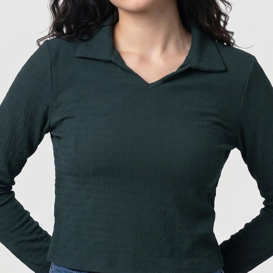 Women's Green V-Neck Regular Top, Dark Green, large