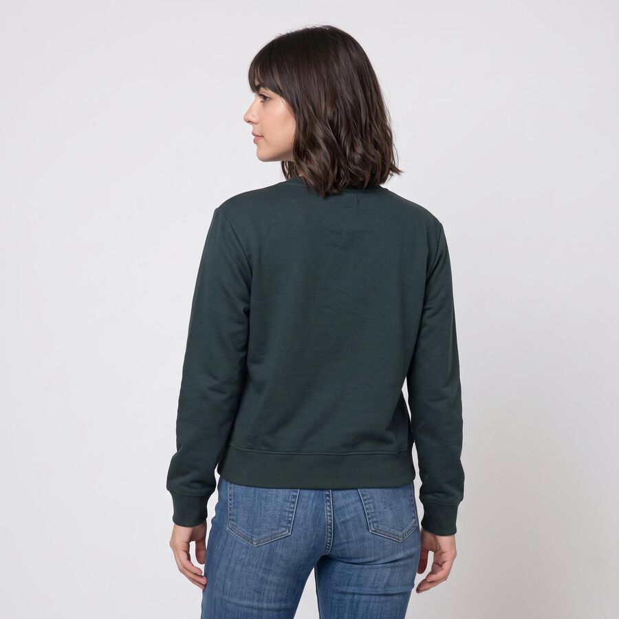 Women Green Crew Neck Pullover Sweatshirt, गहरा हरा, large