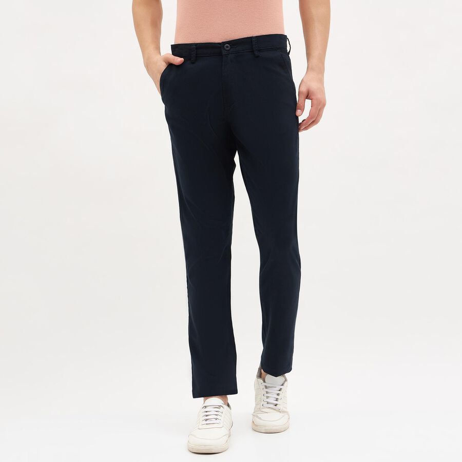Men's Deep Midnight Navy Slim Fit Flat-Front Casual Trousers, Navy Blue, large