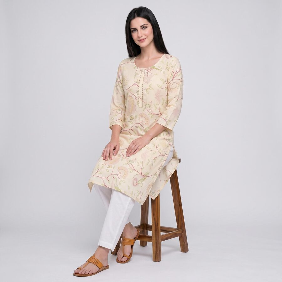 Women's Beige Round Neck Printed Kurta, Beige, large