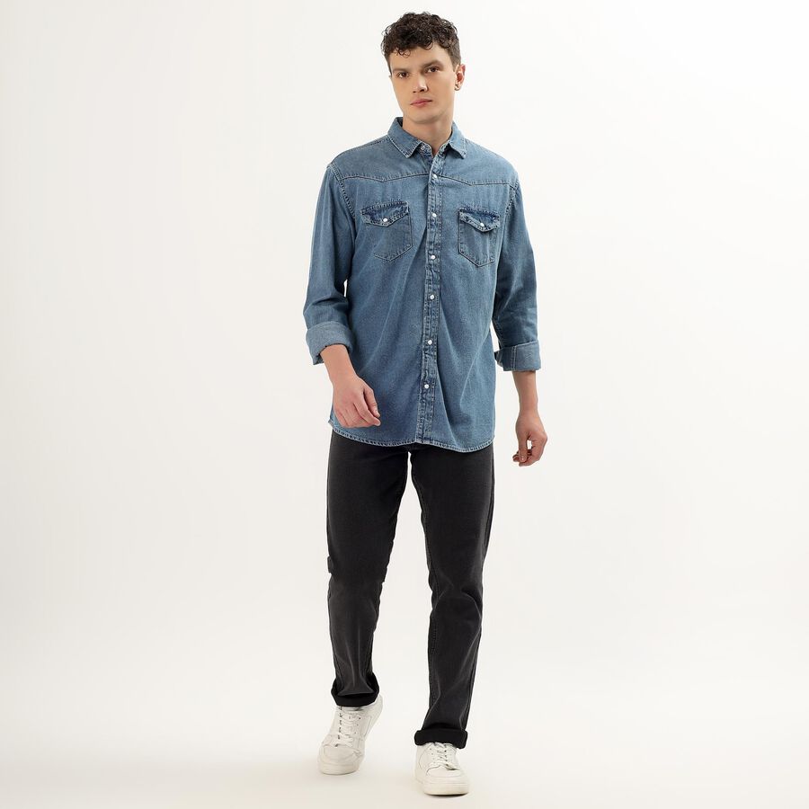 Men's Denim Blue Cotton Classic Collar Casual Shirt, Dark Blue, large image number null