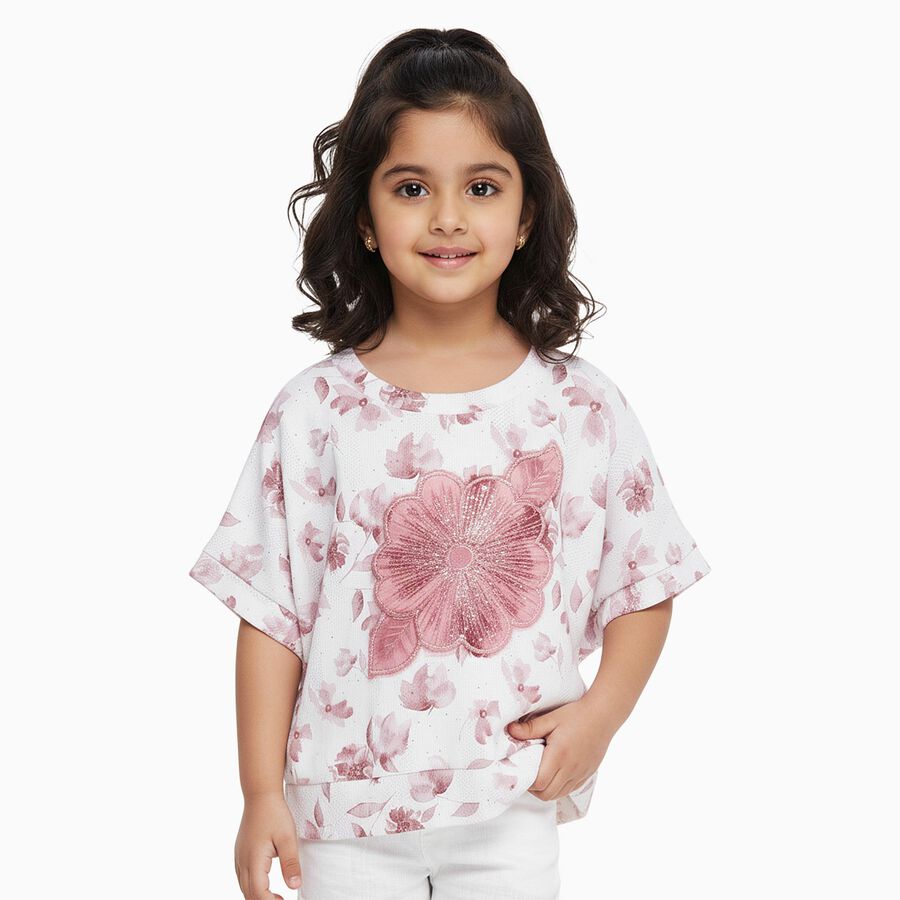 Girls Off White Round Neck Casual T-Shirt, Off White, large