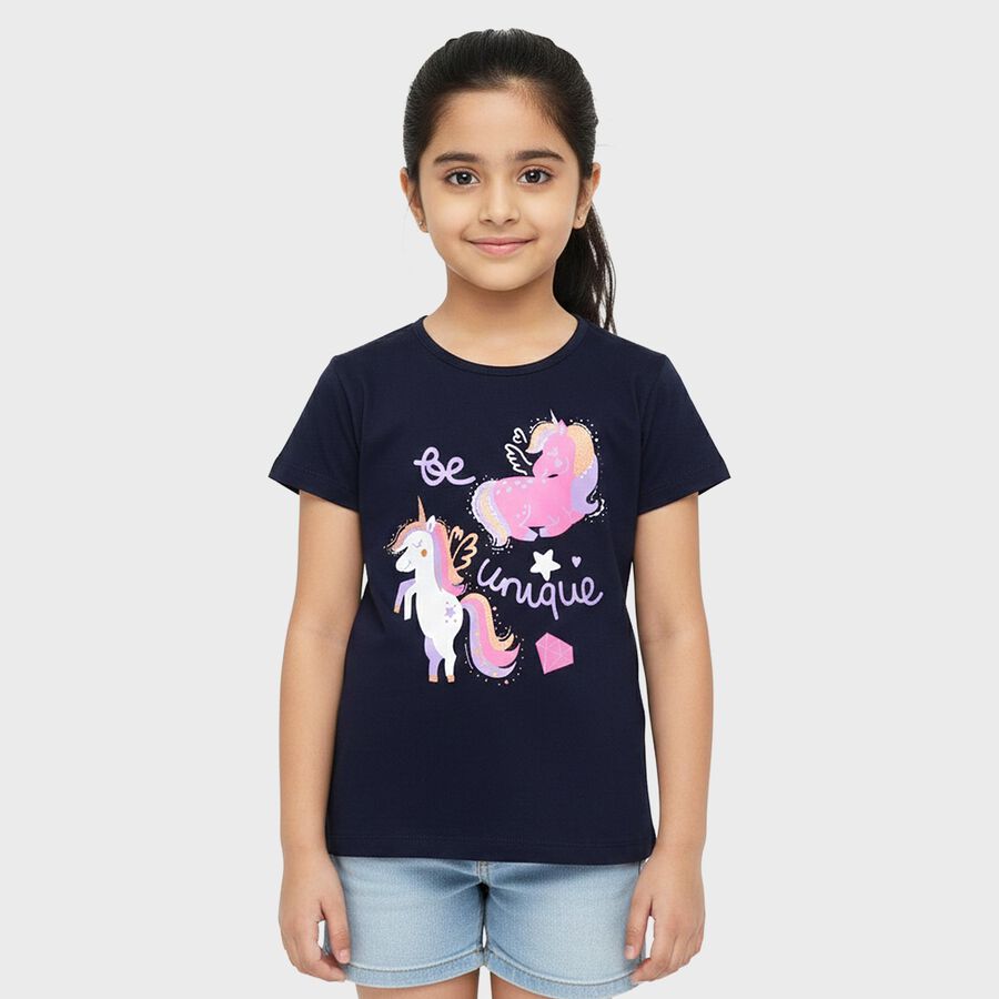 Girls' T-Shirt, नेवी ब्लू, large
