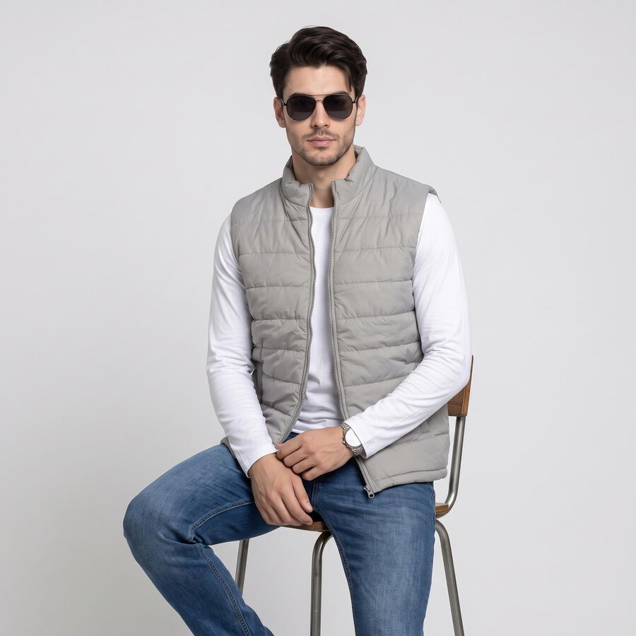 Men's Grey Stand Collar Puffer Jacket, Light Grey, large