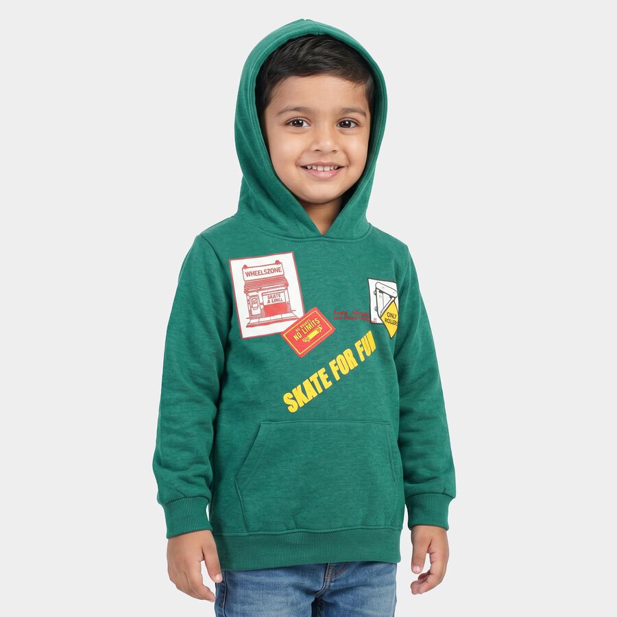 Boys' Green Hoodie Neck Graphic Sweatshirt, गहरा हरा, large