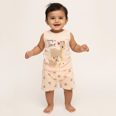 Infant Pastel Peach Cotton Sleeveless Top and Printed Shorts Set
