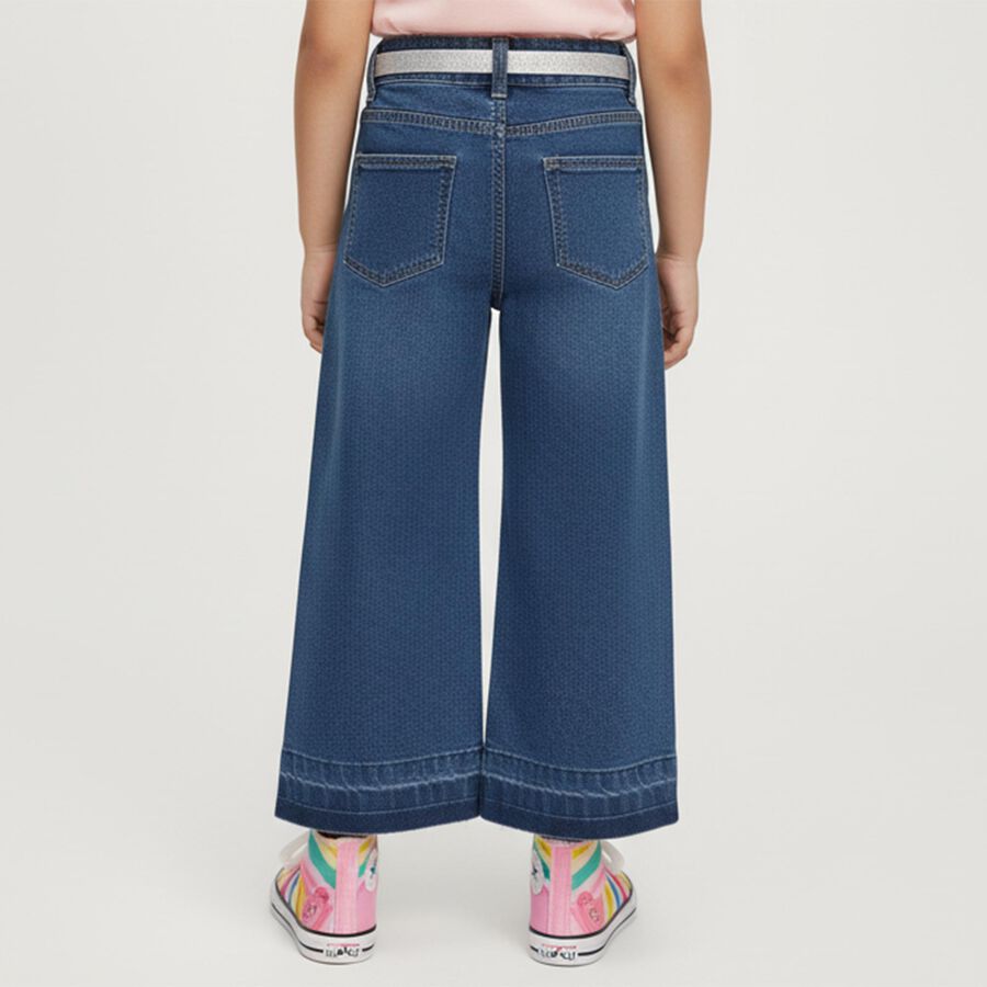 Girls' Dark Indigo Wide Leg Heart Patch Jeans, Mid Blue, large image number null