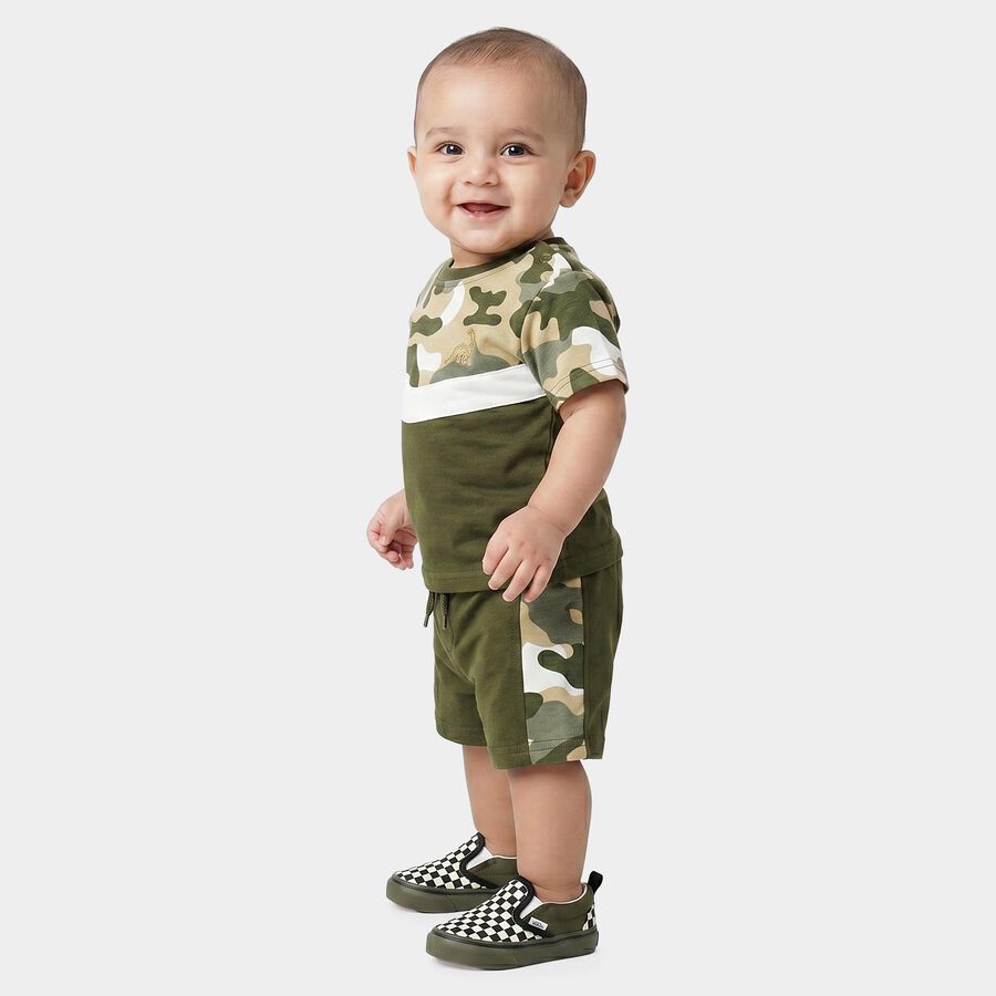 Infants' Olive Green 100% Cotton Round Neck Camouflage Printed Baba Suit, ओलिव, large