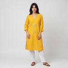 Women's Yellow Cotton V-Neck Embroidered Kurta, Yellow, small
