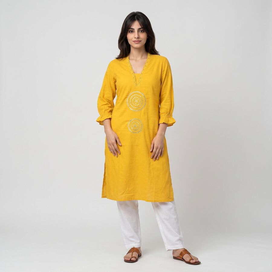 Women's Yellow Cotton V-Neck Embroidered Kurta, Yellow, large