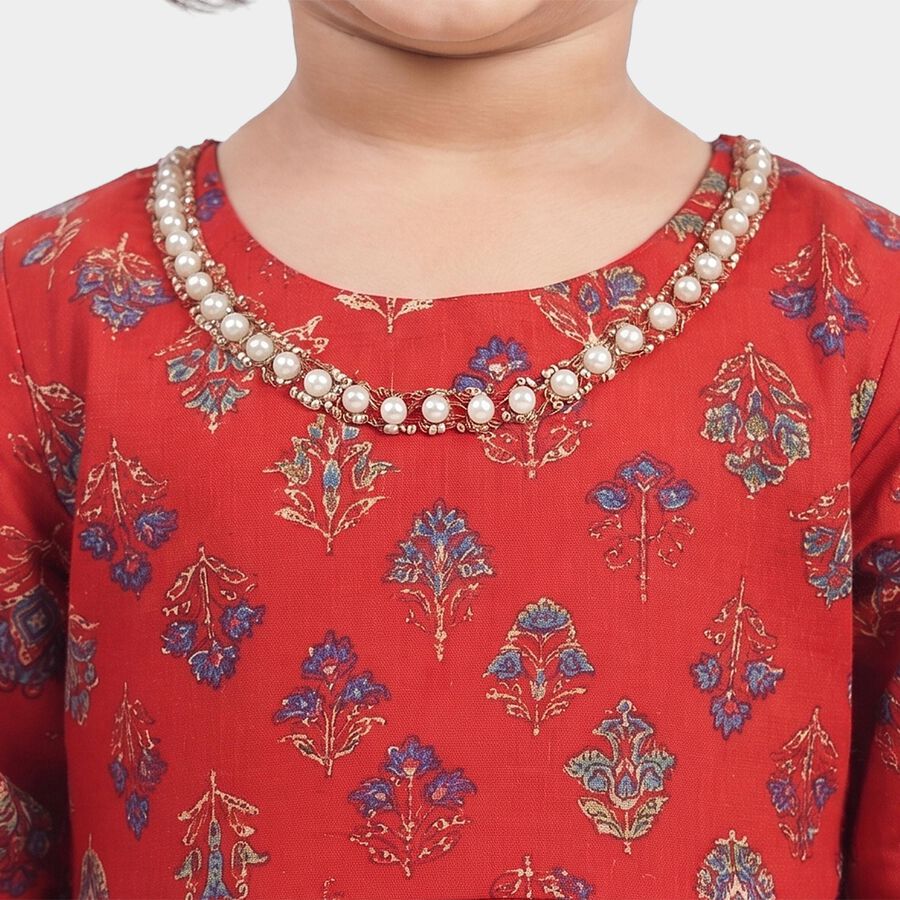 Girls Red Round Neck Fusion Set Upper and Bottom Set, लाल, large
