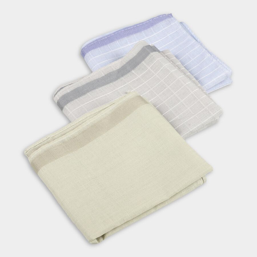 Men's Muted Beige and Light Sky Blue Cotton Blend Handkerchief Pack of 3, गहरा ग्रे, large image number null