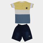 Boys' Yellow Cotton Round Neck Color-Blocked Baba Suit, Yellow, small