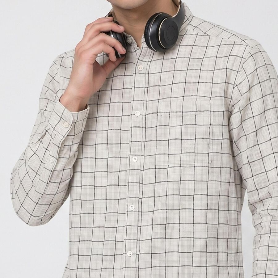 Men's Beige Cotton Long Sleeve Spread Collar Regular Fit Casual Shirt, Beige, large