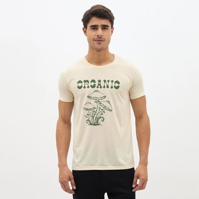 Men's Light Beige Round Neck Casual Printed T-Shirt