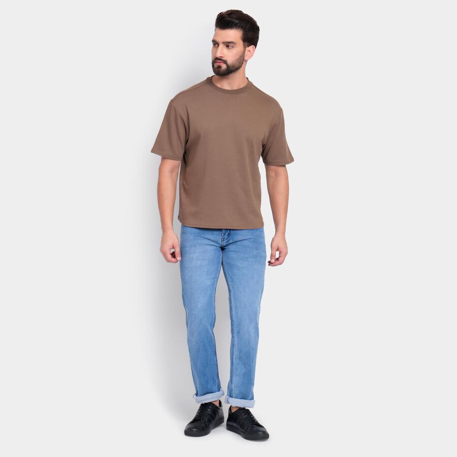 Men's Round Neck Half Sleeves T-Shirt , खाकी, large