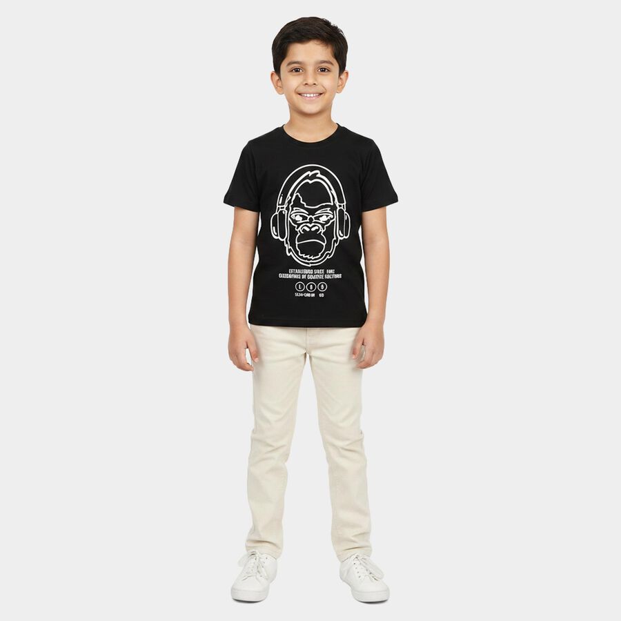 Boys Black Round Neck Casual Boys T-Shirt, काला, large