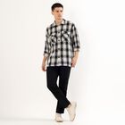 Men's Black and White Checked Spread Collar Casual Shirt, Off White, small