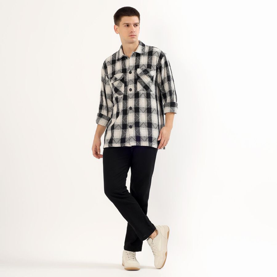 Men's Black and White Checked Spread Collar Casual Shirt, Off White, large