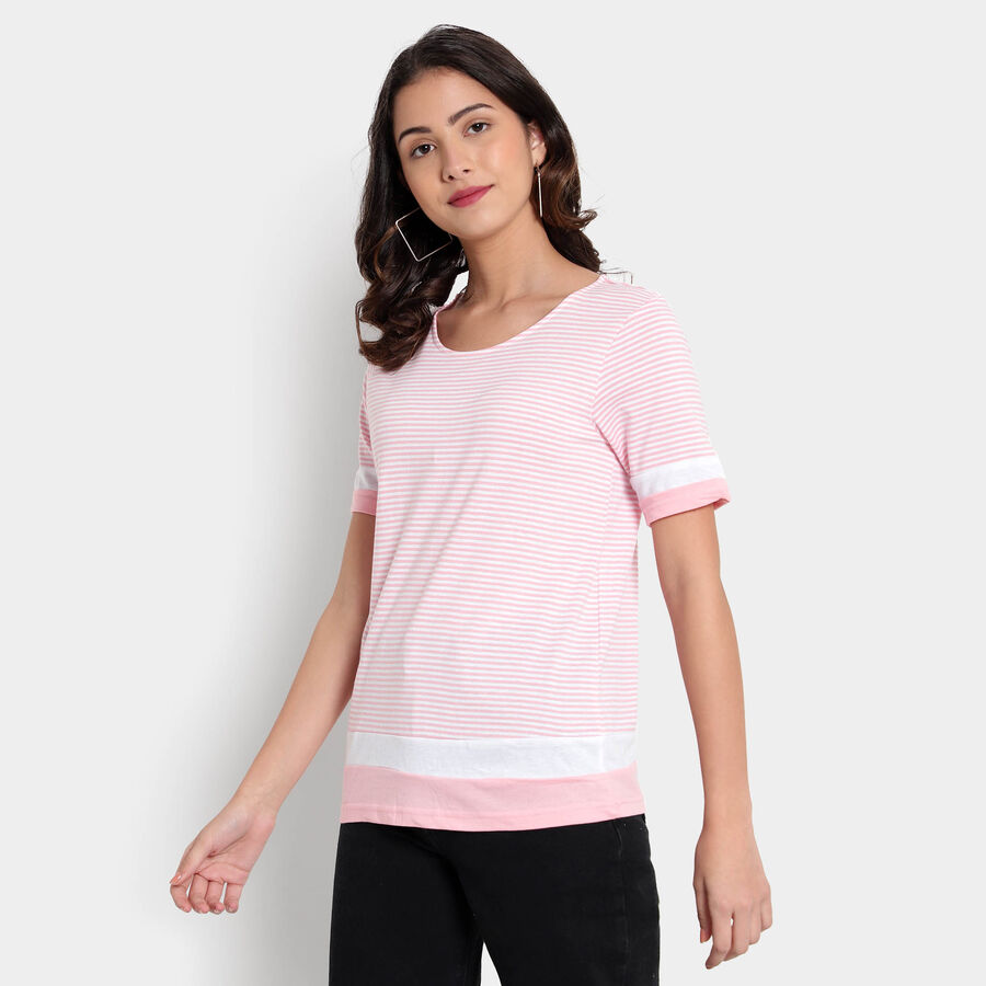 Cotton Stripes Round Neck T-Shirt, Light Pink, large image number null