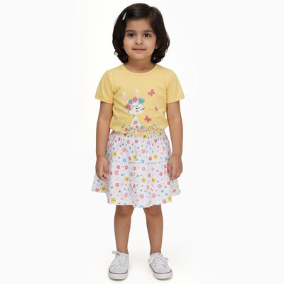 Infants' Bright Yellow Cotton Puff Sleeve Top and Floral Skirt Set
