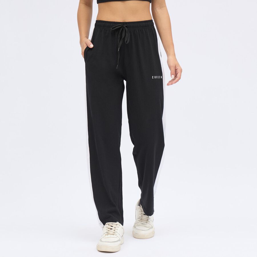 Women's Jet Black Regular Fit Side-Striped Track Pants, Black, large image number null