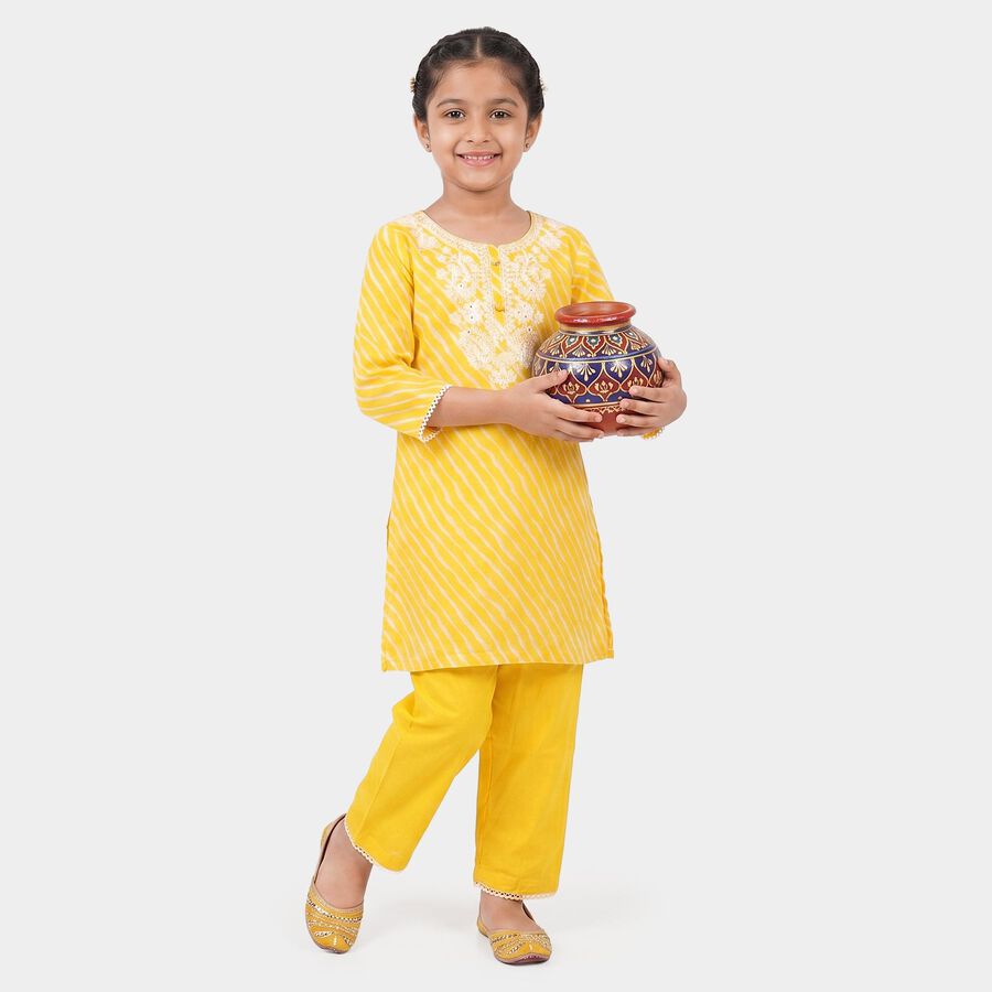 Girls Yellow Round Neck Fusion Set Upper and Bottom Set, पीला, large