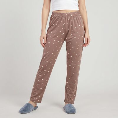 Women's Brown Straight Fit Heart Printed Pyjama