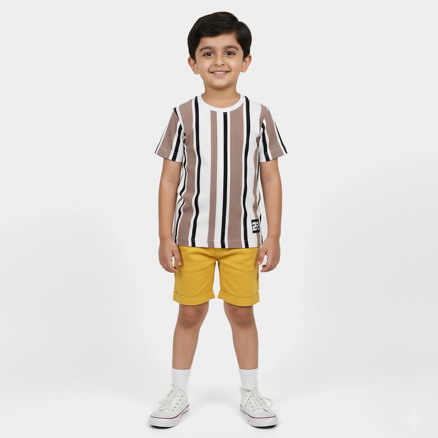 Boys Beige Crew Neck Casual T-Shirt, गहरा पीला, large