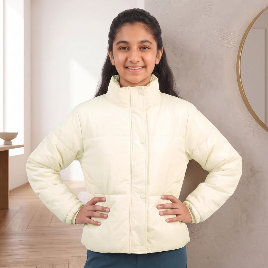 Girls' Beige Stand Collar Puffer Jacket, गहरा पीला, large