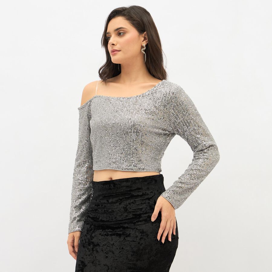 Women's Metallic Silver Asymmetric Party Wear Crop Top, Silver, large