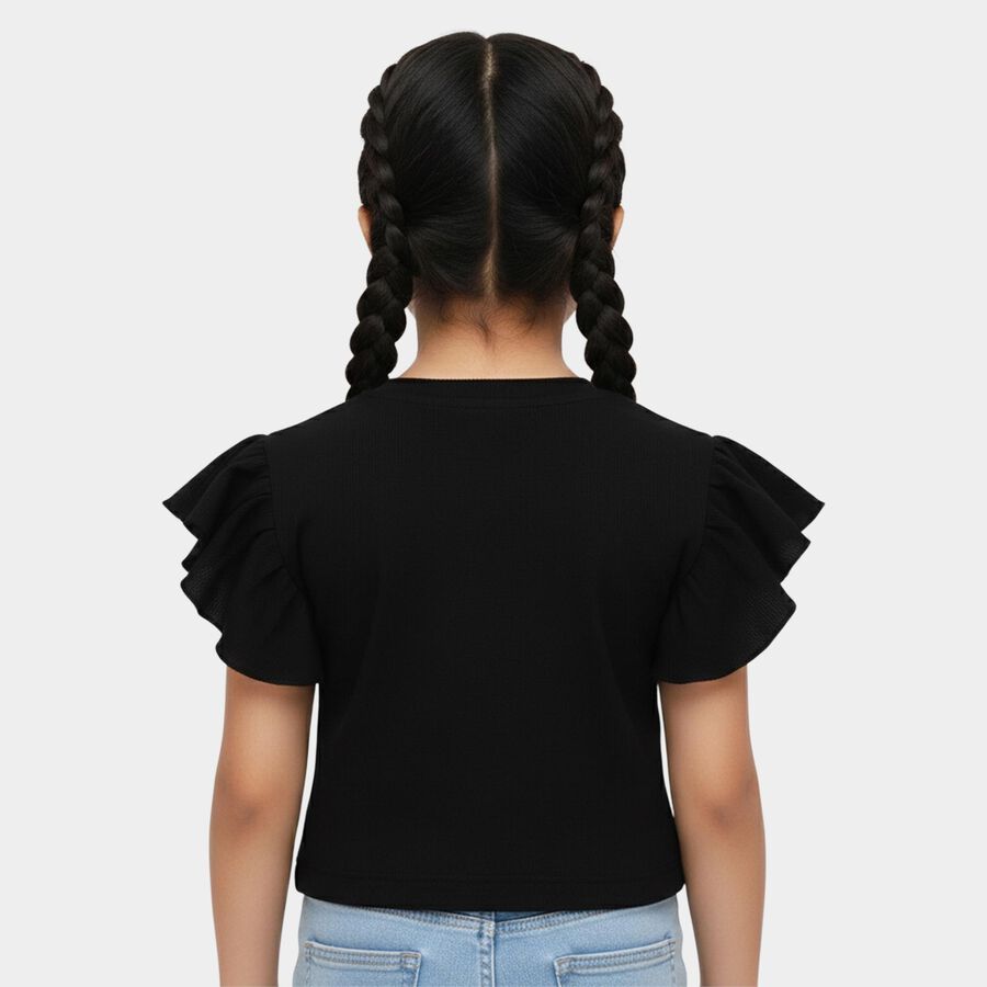Girls' Jet Black Round Neck Casual T-Shirt, Black, large