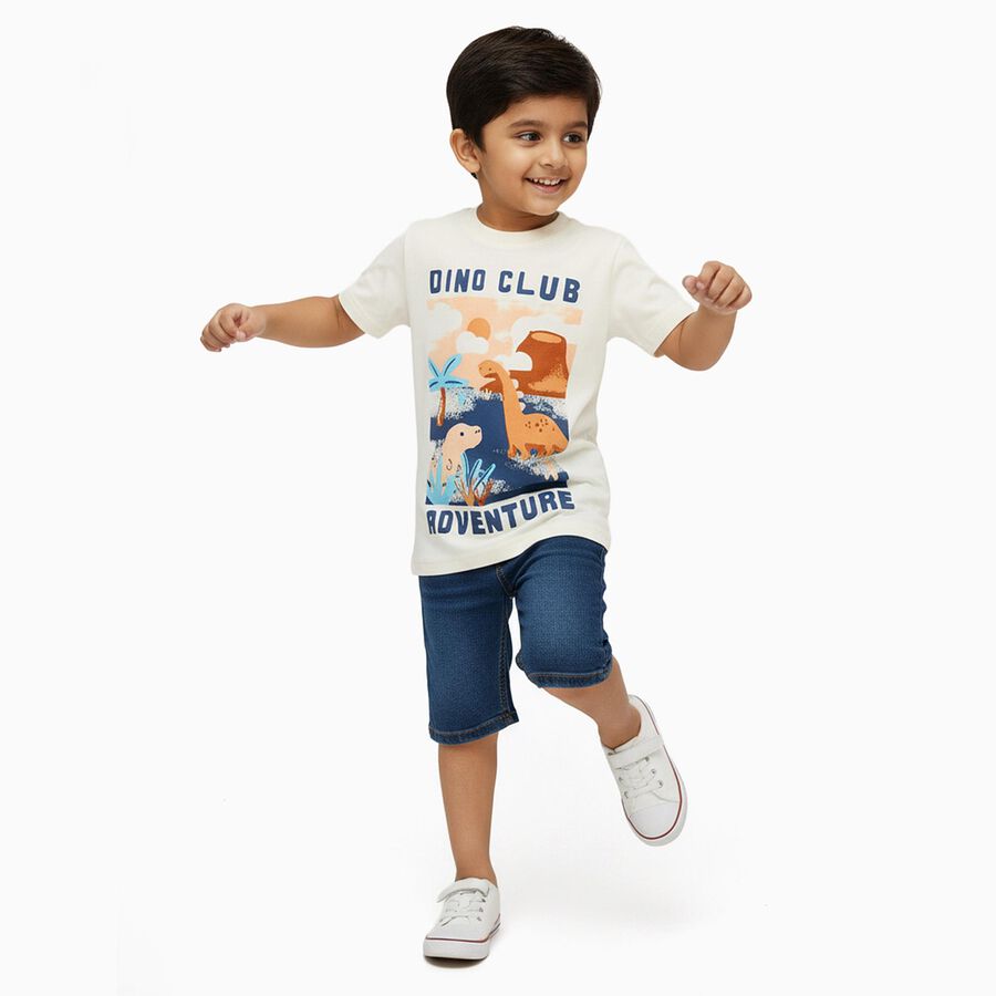 Boys' Off-White Cotton Round Neck Casual T-Shirt, ऑफ व्हाइट, large image number null