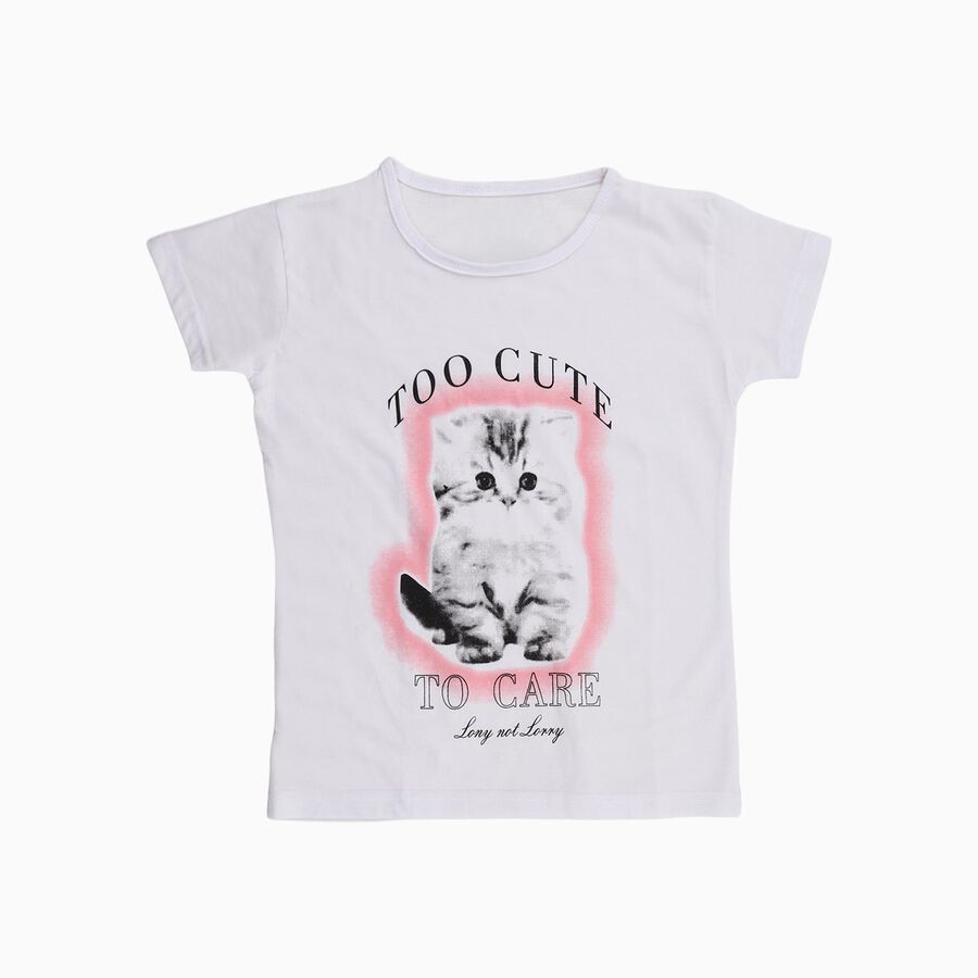 Girls Bright Snow White Cotton Round Neck Casual T-Shirt, सफ़ेद, large image number null