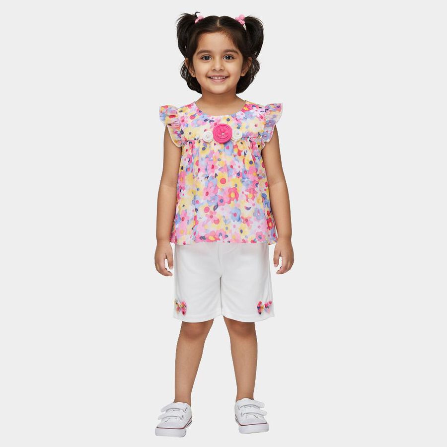Girls Yellow Sleeveless Floral Top and White Shorts Set, पीला, large