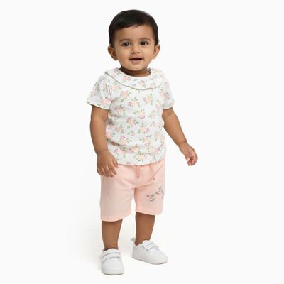 Infants' White Cotton Floral Top and Peach Capri Set