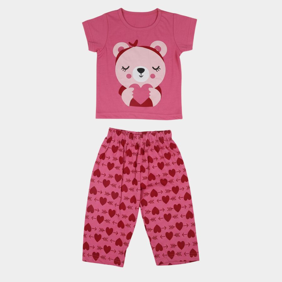 Girls Pink Bear Graphic T-Shirt and Heart Print Capri Set, Pink, large