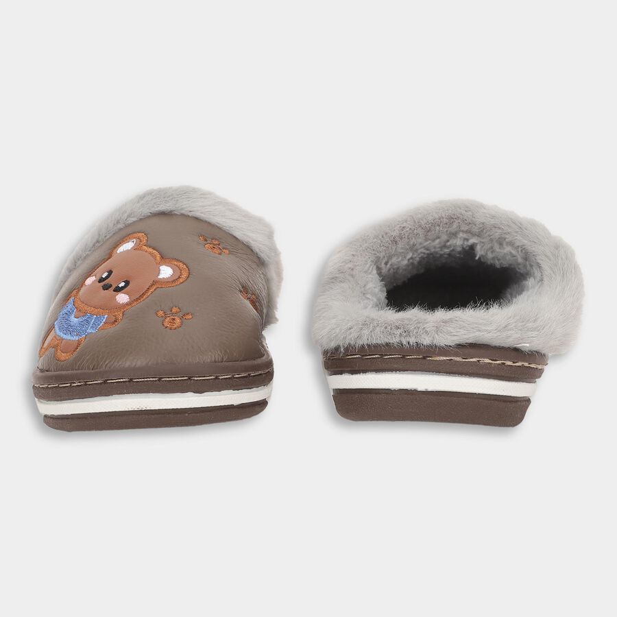 Kids Warm Chocolate Brown Fur Lined Slip-On Winter Slippers, Brown, large image number null