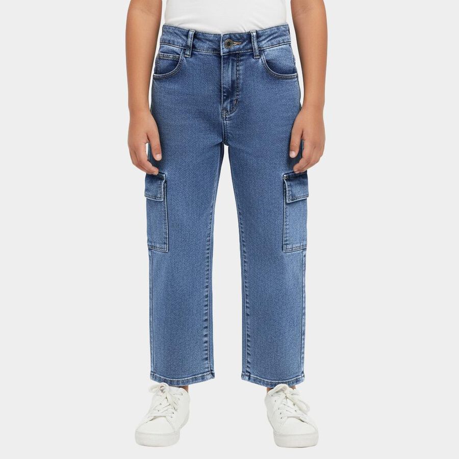 Boys' Stonewashed Blue Relaxed Fit Cargo Jeans, मध्यम नीला, large image number null