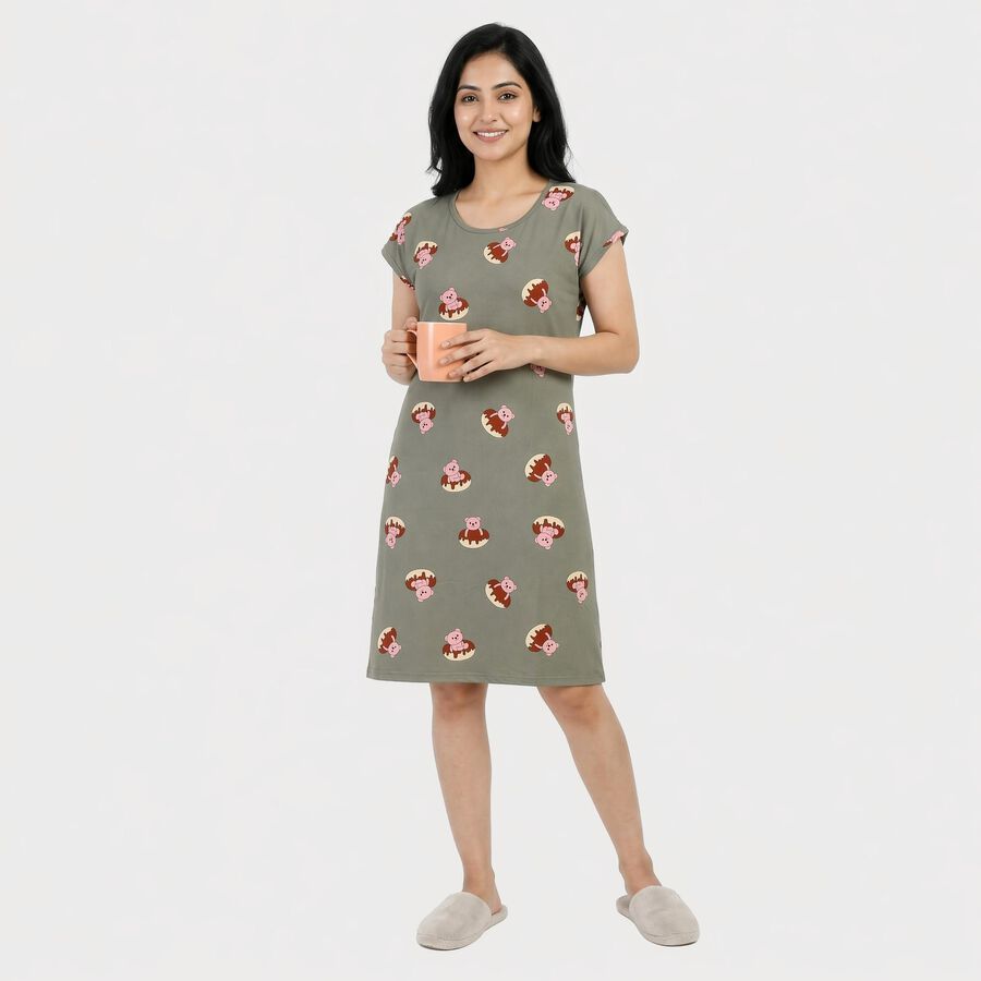 Women's Olive Green Round Neck A-Line Nighty, ओलिव, large