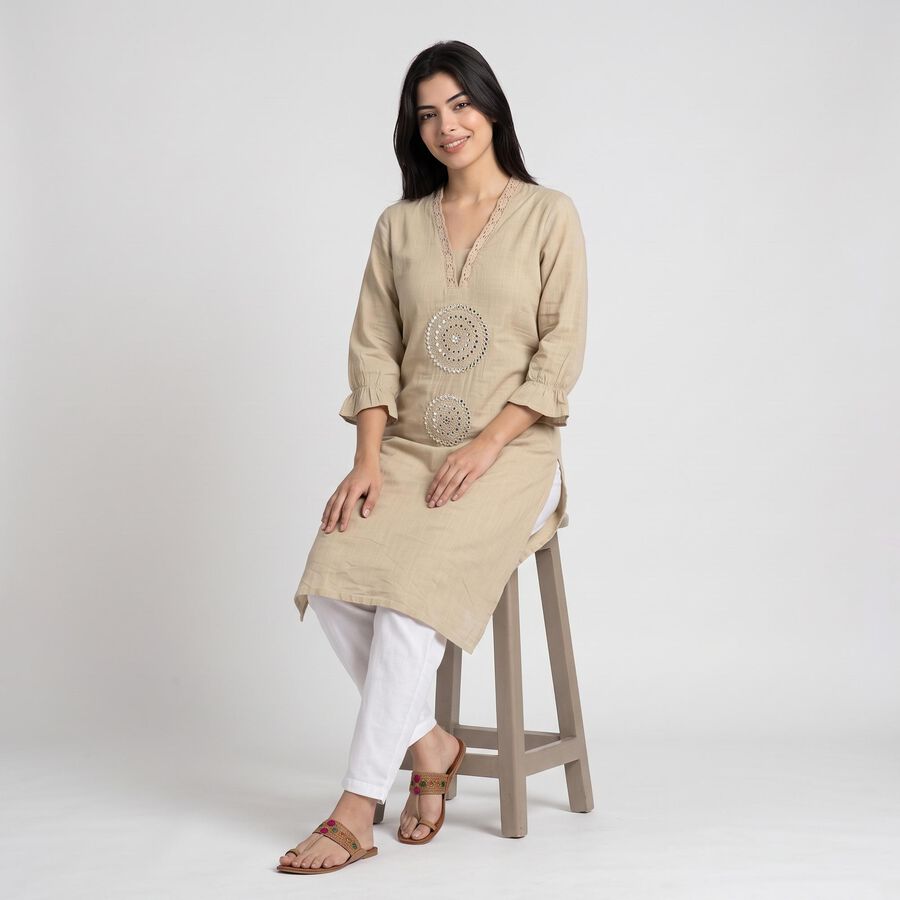 Women's Beige Cotton V-Neck Embellished Kurta, Beige, large